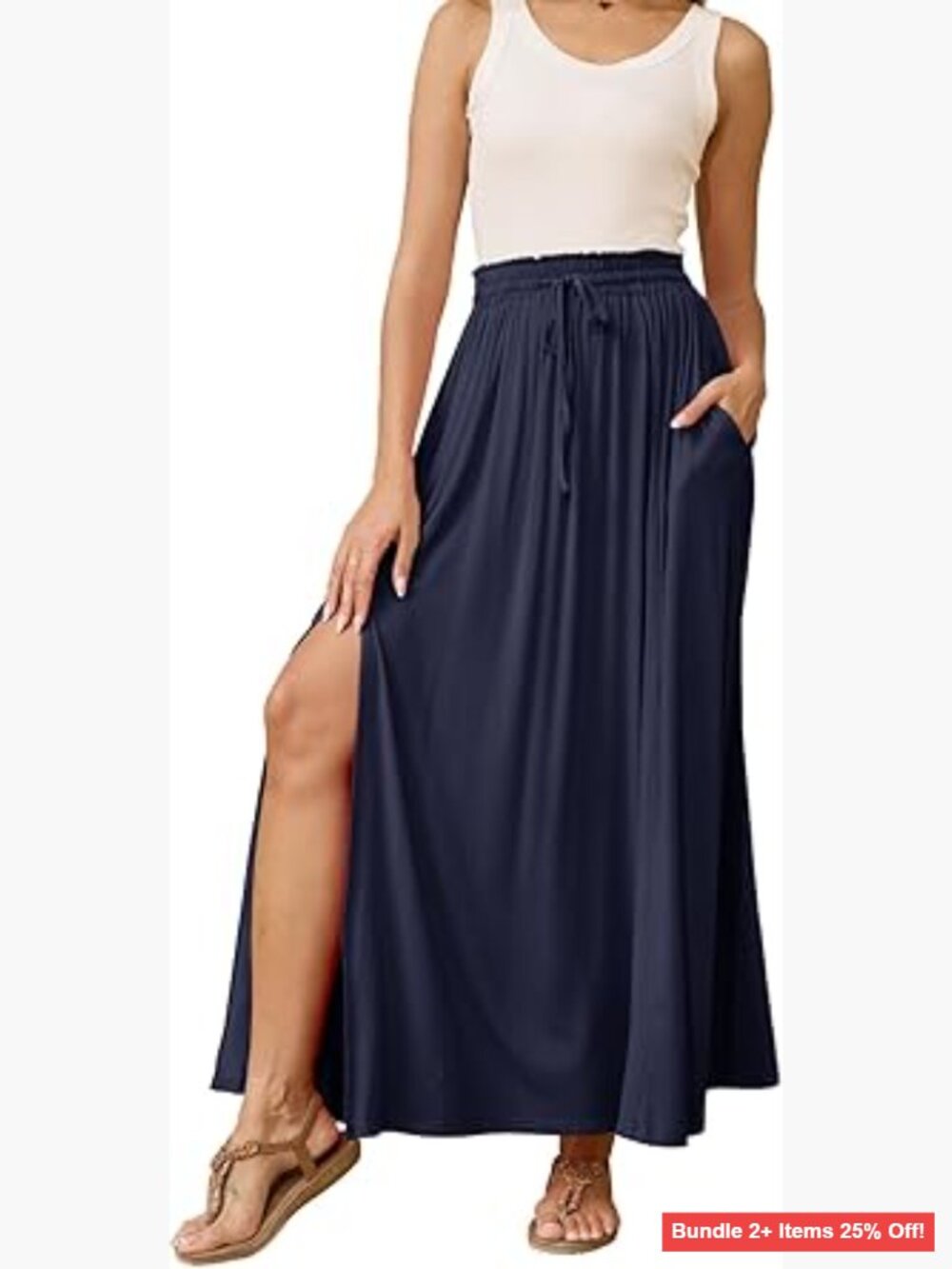 Maxi Skirt with Pockets, Elastic Waist, High Slit, A-Line Flowy Design